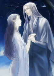Rule 34 | 1boy, 1girl, bare tree, eye contact, grey hair, hetero, highres, holding hands, long hair, long sleeves, looking at another, melian, outdoors, pale skin, pointy ears, standing, the silmarillion, thingol, tolkien&#039;s legendarium, tolkien's legendarium, tree, yinque