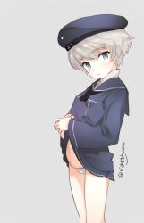 Rule 34 | 10s, 1girl, blue eyes, blush, clothes lift, clothes writing, eight tohyama, hat, highres, kantai collection, panties, sailor hat, shirt lift, short hair, silver hair, solo, underwear, z1 leberecht maass (kancolle)