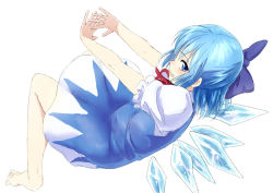 Rule 34 | 1girl, barefoot, blue bow, blue eyes, blue hair, bow, cirno, dress, frilled sleeves, frills, full body, hair bow, ice, ice wings, interlocked fingers, nathaniel pennel, profile, short hair, short sleeves, simple background, solo, touhou, white background, wings