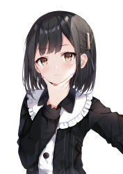 Rule 34 | 1girl, absurdres, black hair, black shirt, blush, brown eyes, closed mouth, collared shirt, fuyuki030, hair ornament, hand on own chin, hand up, highres, long sleeves, looking at viewer, nail polish, original, pink nails, shirt, simple background, smile, solo, upper body, white background