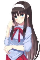 Rule 34 | 1girl, absurdres, blue eyes, blue shirt, bow, breasts, brown hair, commentary request, hair between eyes, hairband, hand up, head tilt, highres, i.f.s.f, long hair, looking at viewer, parted lips, pleated skirt, puffy short sleeves, puffy sleeves, red bow, red skirt, shirt, short sleeves, simple background, skirt, small breasts, solo, tohno akiha, tsukihime, very long hair, white background, white hairband