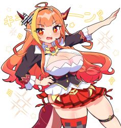 1girl, ahoge, amane kanata, bibi (tokoyami towa), black hairband, blonde hair, blush, bow, braid, breasts, brooch, cleavage, cleavage cutout, clothing cutout, collarbone, diagonal-striped bow, dragon girl, dragon horns, dragon tail, eyebrows visible through hair, gem, hairband, highlights, highres, hololive, horn bow, horns, jacket, jewelry, kiryu coco, large breasts, long hair, looking at viewer, miniskirt, multicolored, multicolored eyes, multicolored hair, nail polish, open hand, open mouth, orange hair, outstretched arms, pleated skirt, pointy ears, purple background, purple eyes, purple hair, red eyes, red nails, red skirt, sailor collar, scales, shirt, short hair, side braid, simple background, single braid, single thighhigh, skindentation, skirt, smile, sparkle, streaked hair, striped, striped bow, tail, thighhighs, tokoyami towa, virtual youtuber, white background, yukito (hoshizora)