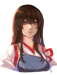 Rule 34 | 10s, 1girl, akagi (kancolle), backlighting, breasts, brown eyes, brown hair, eyeliner, female focus, jun project, kantai collection, large breasts, lips, lipstick, long hair, looking at viewer, makeup, muneate, nose, pink lips, signature, simple background, solo, tasuki, upper body, white background