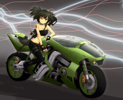 Rule 34 | 1girl, arm tattoo, belt, black hair, breasts, choker, cleavage, commentary, commission, fingerless gloves, gloves, green eyes, groin, gun, gun on back, highres, medium breasts, motor vehicle, motorcycle, navel, on motorcycle, one eye closed, original, painttool sai (medium), pants, purdoy25, sitting, smile, solo, strapless, tattoo, tube top, twintails, weapon, weapon on back, weapon request
