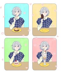 Rule 34 | 1boy, bags under eyes, black eyes, cake, cake slice, collared shirt, contemporary, dessert, dungeon meshi, elf, food, fork, grey hair, heart, highres, holding, holding food, holding fork, holding ice cream, holding spoon, ice cream, kabe piko, lazy eye, male focus, mithrun, multiple views, notched ear, plate, pointy ears, pudding, shirt, short hair, solo, spoon, sundae, sweater vest, table, uneven eyes, upper body, wavy hair, white shirt