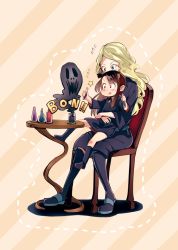 Rule 34 | 2girls, :p, belt, black dress, black footwear, blonde hair, blue eyes, blush, boots, brown hair, chair, chemistry, child, diagonal stripes, diana cavendish, dotted line, dress, flying sweatdrops, full body, green hair, holding, jar, kagari atsuko, knee boots, kuma (bloodycolor), little witch academia, long hair, magic, multiple girls, on chair, on lap, potion, red eyes, sitting, sitting on lap, sitting on person, striped, striped background, sweatdrop, table, tareme, test tube, time paradox, tongue, tongue out, topknot, v-shaped eyebrows, wavy hair, aged down