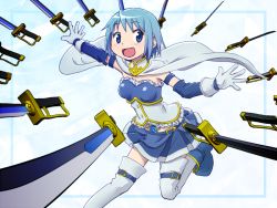 10s 1girl armband blue_eyes blue_hair breasts cape female_focus gloves gradient_background magical_girl mahou_shoujo_madoka_magica mahou_shoujo_madoka_magica_(anime) matching_hair/eyes miki_sayaka miki_sayaka_(magical_girl) momojiri_tarou open_mouth skirt smile solo soul_gem sword thighhighs weapon white_background zettai_ryouiki