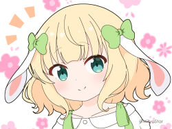 Rule 34 | 1girl, animal ears, blonde hair, blue eyes, bow, closed mouth, collarbone, collared shirt, commentary request, ear bow, floral background, gochuumon wa usagi desu ka?, green bow, kirima syaro, looking at viewer, mitya, notice lines, rabbit ears, shirt, simple background, smile, solo, twitter username, upper body, white background, white shirt