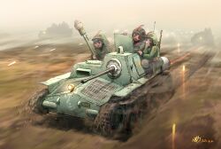 Rule 34 | 3girls, anti-tank gun, aoi waffle, armored vehicle, battle, black footwear, blue hair, boots, brown eyes, brown hair, brown headwear, cannon, caterpillar tracks, clenched teeth, closed eyes, dirt, driving, epaulettes, firing, fog, glasses, green headwear, green jacket, grey pants, gun, gun on back, headlight, helmet, highres, holding, holding weapon, jacket, light particles, looking ahead, looking at another, military, combat helmet, military uniform, military vehicle, motor vehicle, multiple girls, open mouth, original, pants, radio antenna, round eyewear, rusty front, scared, serious, short hair, silhouette, sitting, smile, squatting, tank, tank destroyer, teeth, uniform, war, weapon, weapon on back