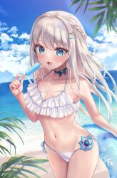 Rule 34 | 1girl, absurdres, alternate costume, beach, blue eyes, breasts, cleavage, collarbone, commentary request, food, hair ornament, highres, holding, holding swim ring, indie virtual youtuber, innertube, long hair, looking at viewer, medium breasts, mole, mole under eye, nagino mashiro, ocean, popsicle, reityana, sky, solo, swim ring, swimsuit, virtual youtuber