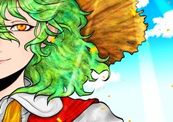Rule 34 | 1girl, ascot, blue sky, closed mouth, cloud, day, green hair, hair between eyes, highres, kazami yuuka, looking at viewer, miazuma sarin, orange eyes, plaid, plaid vest, portrait, red vest, shirt, short hair, sky, smile, solo, sunlight, third-party source, touhou, vest, wavy hair, white shirt, yellow ascot