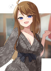 Rule 34 | 1girl, :d, ahoge, binsen, blue eyes, blush, breasts, brown hair, cleavage, collarbone, commentary request, eighth note, grey kimono, hand up, highres, idolmaster, idolmaster million live!, japanese clothes, kimono, long sleeves, looking at viewer, medium breasts, musical note, open mouth, parted bangs, print kimono, sakuramori kaori, smile, solo, spoken musical note