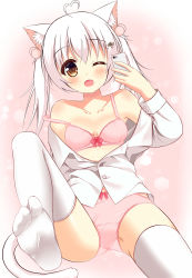 Rule 34 | 1girl, ;o, ahoge, animal ears, bare shoulders, blouse, blush, bow, bow bra, bow panties, bra, breasts, cat ears, cat girl, cat tail, cellphone, cleavage, collarbone, commentary request, fang, hair between eyes, hair bobbles, hair ornament, heart, heart ahoge, highres, holding, holding phone, leaning to the side, long hair, long sleeves, looking at viewer, no pants, no shoes, off shoulder, one eye closed, open clothes, open mouth, open shirt, original, panties, partially unbuttoned, phone, pink bra, pink panties, selfie, shirt, sidelocks, signature, simple background, small breasts, smartphone, soles, solo, strap slip, tail, thighhighs, twintails, underwear, white hair, white shirt, white thighhighs, xiaosamiao