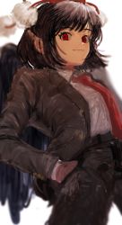 Rule 34 | 1girl, b nosk101, belt, black wings, blurry, blurry background, breasts, brown jacket, brown pants, closed mouth, cowboy shot, depth of field, hands in pockets, hat, highres, jacket, large breasts, leaning back, legs apart, looking at viewer, necktie, pants, pointy ears, pom pom (clothes), red eyes, red hat, shameimaru aya, shameimaru aya (newsboy), simple background, smile, solo, standing, tokin hat, touhou, white background, wings