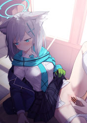 Rule 34 | 1girl, animal ear fluff, animal ears, bar censor, blue archive, blue eyes, blue jacket, blue scarf, blush, breast pocket, breasts, censored, clothes lift, cross hair ornament, extra ears, female pubic hair, gloves, green gloves, grey hair, hair ornament, halo, high-waist skirt, highres, jacket, kneehighs, lifted by self, looking away, medium hair, mishima hiroji, mismatched pupils, necktie, open clothes, open jacket, panties, panties around leg, plaid, plaid skirt, pleated skirt, pocket, pubic hair, pussy, scarf, school uniform, shiroko (blue archive), shirt, shirt tucked in, single glove, skirt, skirt lift, socks, solo focus, spread legs, spread pussy, underwear, white panties, white shirt, wolf ears
