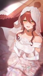 Rule 34 | 1girl, absurdres, blush, breasts, bridal veil, bride, brown hair, dress, elbow gloves, gloves, hair between eyes, highres, idolmaster, idolmaster shiny colors, looking at another, medium breasts, odecono3, off-shoulder dress, off shoulder, osaki tenka, own hands together, shadow, sidelocks, smile, solo, veil, wedding dress, white dress, yellow eyes