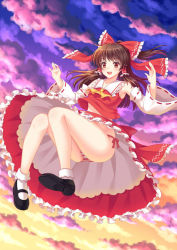 Rule 34 | 1girl, armpits, ascot, bare shoulders, black footwear, blush, bobby socks, bow, brown hair, cloud, cloudy sky, collar, collarbone, detached sleeves, frills, from below, full body, hair bow, hair tubes, hakurei reimu, legs, long hair, long sleeves, mary janes, md5 mismatch, orange eyes, outdoors, panties, pantyshot, ponytail, red bow, red panties, red skirt, red vest, resolution mismatch, ribbon-trimmed sleeves, ribbon trim, round teeth, shoes, side-tie panties, skirt, sky, socks, solo, source larger, striped clothes, striped panties, teeth, touhou, underwear, upper teeth only, vest, villyane