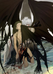Rule 34 | 2boys, absurdres, angel, angel wings, black hair, black nails, blood, blood from mouth, blood on face, blood on leg, blue eyes, child, convenient censoring, demon boy, demon tail, demon wings, digitigrade, closed eyes, feathered wings, fingernails, full body, gon freecss, highres, hunter x hunter, k.g (matsumoto zo), killua zoldyck, long hair, looking at viewer, male focus, messy hair, monsterification, multiple boys, nail polish, nude, pale skin, sharp fingernails, sharp toenails, short hair, skinny, spread wings, tail, talons, toenails, water, white hair, wings