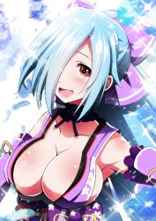 Rule 34 | .live, 1girl, :d, ai wa muteki, armpits, blue hair, blush, bow, breasts, cleavage, detached sleeves, hair bow, large breasts, long hair, looking at viewer, obi, open mouth, ponytail, red eyes, sash, sideboob, smile, solo, traditional clothes, upper body, virtual youtuber, yamato iori