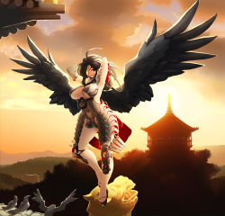 Rule 34 | 1girl, absurdres, adjusting hair, architecture, armor, armpits, arms behind back, arms up, bad id, bad pixiv id, between breasts, bird, black hair, black wings, breasts, brown eyes, east asian architecture, elbow gloves, eyepatch, feet, gloves, hair rings, highres, huge breasts, komainu, legs, long hair, mitsudomoe (shape), mouth hold, navel, ninja, original, revealing clothes, sandals, shuriken, single glove, solo, statue, sun, sunset, temple, tomoe (symbol), tsunekun, underboob, weapon, wings