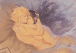 1boy 1girl arms_around_neck ass bed_sheet black_hair blonde_hair blue_eyes breast_press breasts closed_eyes closed_mouth cloud_strife commentary completely_nude couple cowboy_shot cuddling earrings english_commentary final_fantasy final_fantasy_vii hand_on_another&#039;s_head hetero highres hug indoors jewelry large_breasts long_hair lying lying_on_person nude on_back on_side on_stomach pillow profile ring short_hair sideboob single_earring smile spiked_hair tifa_lockhart toned toned_male traditional_media under_covers zoewingsz