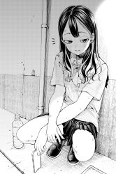 1girl absurdres blush cellphone closed_mouth commentary_request earrings greyscale highres holding holding_phone jewelry long_hair looking_at_viewer monochrome morimoto_atsushi original phone plastic_bottle pleated_skirt sanpaku shirt skirt solo squatting sweat t-shirt