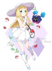 Rule 34 | 1girl, absurdres, bag, bare arms, bare shoulders, blonde hair, blunt bangs, blush, boots, braid, breasts, chitetan, closed mouth, copyright name, cosmog, creatures (company), diamond (shape), dress, english text, eyelashes, flower, frown, full body, game freak, gen 7 pokemon, green eyes, hat, highres, legendary pokemon, lillie (pokemon), lily (flower), long hair, looking at viewer, looking up, name connection, nintendo, own hands together, poke ball, poke ball (basic), pokemon, pokemon (creature), pokemon sm, see-through, sleeveless, sleeveless dress, small breasts, sparkle, sun hat, twin braids, white background, white dress, white flower, white footwear, white hat