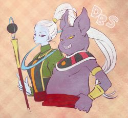 Rule 34 | 10s, 1boy, 1girl, bracelet, champa (dragon ball), copyright name, dragon ball, dragon ball super, egyptian clothes, expressionless, hand on own hip, jewelry, katori (katokichi), long hair, looking at viewer, ponytail, purple eyes, simple background, smile, staff, vados (dragon ball), very long hair, white hair