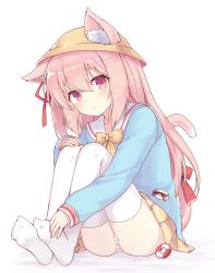Rule 34 | 1girl, animal ear fluff, animal ears, ass, azur lane, blue shirt, blush, bow, bowtie, brown hat, cat ears, cat tail, closed mouth, collarbone, ears through headwear, hair between eyes, hair ribbon, hat, innertube, isao (wasamoti), kindergarten uniform, kisaragi (azur lane), knees up, long hair, long sleeves, looking at viewer, miniskirt, no shoes, panties, pink eyes, pink hair, pleated skirt, red ribbon, ribbon, sailor collar, school uniform, shirt, simple background, sitting, skirt, solo, striped clothes, striped panties, swim ring, tail, tail ornament, tail ribbon, thighhighs, underwear, white background, white panties, white sailor collar, white thighhighs, yellow bow, yellow bowtie, yellow skirt