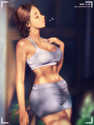 Rule 34 | 1girl, a.x., abs, absurdres, blurry, blurry background, breasts, brown hair, cleavage, closed eyes, collarbone, dated, grey shorts, grey sports bra, hand on own shoulder, highres, long hair, medium breasts, midriff, navel, original, parted lips, pink lips, plant, shorts, solo, sports bra, viewfinder, wide sleeves