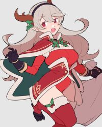 Rule 34 | 1girl, alternate costume, antlers, black gloves, black hairband, bow, bowtie, breasts, cape, corrin (female) (fire emblem), corrin (fire emblem), deer antlers, do m kaeru, fake antlers, fire emblem, fire emblem fates, fur-trimmed cape, fur-trimmed thighhighs, fur trim, gloves, green bow, green bowtie, grey background, grey hair, hair between eyes, hairband, horns, large breasts, leotard, long hair, long sleeves, looking at viewer, nintendo, open mouth, red cape, red eyes, red thighhighs, simple background, smile, solo, thighhighs