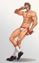 Rule 34 | 1boy, abs, alternate costume, bara, beard, blue eyes, brown hair, character name, commentary request, facial hair, fate/grand order, fate (series), full body, goatee, jacket, jewelry, jin (sirius-j), leaning back, long sideburns, long sleeves, looking at viewer, male focus, muscular, napoleon bonaparte (fate), navel, necklace, nipples, open clothes, pants, pectorals, scar, shoes, sideburns, simple background, smile, solo, sunglasses, underwear, underwear only