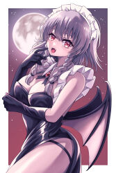 Rule 34 | 1girl, bat wings, black dress, braid, breasts, cleavage, detached collar, dress, elbow gloves, fangs, full moon, gloves, grey hair, happy ginko, highres, izayoi sakuya, large breasts, maid headdress, moon, night, outdoors, red eyes, red sky, side slit, sky, solo, thick thighs, thighs, touhou, twin braids, wings