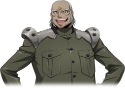 Rule 34 | 1boy, armor, artist request, breast pocket, buttons, code geass, code geass: lost stories, cropped torso, dark-skinned male, dark skin, facial mark, forehead, forehead mark, game cg, green jacket, grey eyes, grey hair, hands on own hips, happy, jacket, long sleeves, looking at viewer, male focus, military uniform, non-web source, official art, open mouth, pocket, senba ryoga, short hair, shoulder armor, sidelocks, simple background, smile, solo, standing, teeth, thick eyebrows, transparent background, uniform, upper body