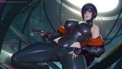 Rule 34 | 1girl, bodystocking, bodysuit, breasts, covered navel, ghost in the shell, kusanagi motoko, large breasts, latex, latex bodysuit, looking at viewer, medium hair, purple hair, sade abyss, skin tight, solo, thighs, wide hips