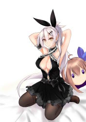 Rule 34 | 1girl, absurdres, ahoge, alternate costume, arm garter, armpits, arms behind head, bare shoulders, bed sheet, black dress, black garter, black thighhighs, blonde hair, blue eyes, blush, bow, breasts, brown eyes, choker, cleavage, collarbone, crescent, crescent earrings, dress, earrings, fal (girls&#039; frontline), five-seven (girls&#039; frontline), frilled choker, frilled dress, frills, girls&#039; frontline, hair between eyes, hair ornament, hair ribbon, highres, hiroshi, jewelry, lace, lace-trimmed legwear, lace trim, large breasts, long hair, looking at viewer, no bra, parted lips, ponytail, ribbon, sidelocks, silver hair, simple background, sitting, smile, solo, stuffed toy, thighhighs, very long hair, white background, yokozuwari