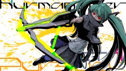 Rule 34 | 1girl, bow (weapon), crossbow, dutch angle, ebizome, green hair, hatsune miku, long hair, red eyes, solo, twintails, very long hair, vocaloid, weapon