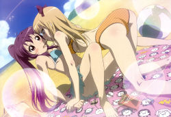 Rule 34 | 2girls, absurdres, all fours, ass, ball, barefoot, beach, beachball, bikini, blonde hair, blue eyes, blush, brand name imitation, breasts, cloud, day, feet, female focus, food, highres, holding hands, kneepits, lens flare, long hair, multiple girls, navel, nyantype, official art, ojiri shin&#039;ya, one-piece swimsuit, open mouth, orange one-piece swimsuit, outdoors, pocky, pocky kiss, ribbon, scan, shared food, sideboob, sitting, sky, small breasts, sparkle, sugiura ayano, swimsuit, thighs, tongue, toshinou kyouko, unmoving pattern, yuri, yuru yuri