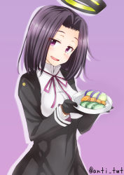Rule 34 | 10s, 1girl, :d, anti (untea9), black gloves, blush, food, gloves, halo, highres, kantai collection, mechanical halo, open mouth, purple background, purple eyes, simple background, smile, solo, tatsuta (kancolle), twitter username
