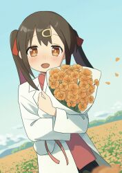 Rule 34 | 1girl, :d, absurdres, black hair, bouquet, brown eyes, chiken2525, commentary request, day, field, flower, flower field, flower request, hair ornament, hairclip, highres, holding, holding bouquet, lab coat, long hair, long sleeves, looking at viewer, multicolored hair, onii-chan wa oshimai!, open mouth, outdoors, oyama mihari, partial commentary, petals, purple hair, red shirt, shirt, smile, solo, twintails, two-tone hair