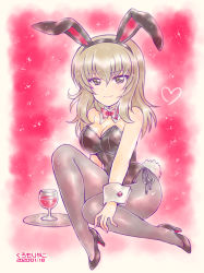 Rule 34 | 1girl, alcohol, animal ears, artist name, black leotard, black pantyhose, blue eyes, bow, bowtie, breasts, cleavage, closed mouth, collar, commentary, cup, dated, detached collar, drinking glass, fake animal ears, fake tail, full body, girls und panzer, heart, high heels, itsumi erika, kuromori yako, legs, leotard, looking at viewer, medium breasts, medium hair, one-hour drawing challenge, pantyhose, playboy bunny, rabbit ears, rabbit tail, red background, red bow, red bowtie, side-tie leotard, silver hair, sitting, smile, solo, strapless, strapless leotard, tail, tray, white collar, wine, wine glass, wing collar, wrist cuffs, yokozuwari