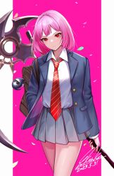 Rule 34 | 1girl, alternate hairstyle, backpack, bag, blue jacket, brown bag, death-sensei (mori calliope), hand in pocket, highres, holding, holding scythe, hololive, hololive english, jacket, kenko (a143016), looking at viewer, medium hair, mori calliope, necktie, pink hair, pleated skirt, red eyes, red necktie, school uniform, scythe, shirt, signature, simple background, skirt, thighs, v-shaped eyebrows, virtual youtuber, weapon behind back, white shirt
