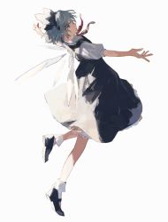 Rule 34 | 1girl, blouse, blue bow, blue dress, blue eyes, blue hair, bobby socks, bow, cirno, closed mouth, commentary, dress, expressionless, full body, hair bow, highres, ice, ice wings, isshin (kaxz), looking at viewer, mary janes, neck ribbon, outstretched arms, petticoat, puffy short sleeves, puffy sleeves, red ribbon, ribbon, shirt, shoes, short hair, short sleeves, sideways glance, socks, solo, spread arms, touhou, white background, white shirt, wings