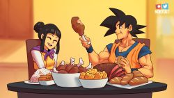 Rule 34 | 1boy, 1girl, black eyes, black hair, breasts, chi-chi (dragon ball), dragon ball, eating, highres, long hair, muscular, muscular male, nortuet, open mouth, short hair, simple background, small breasts, smile, son goku
