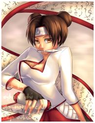 Rule 34 | 1girl, artist request, breasts, brown eyes, brown hair, cleavage, double bun, female focus, kunai, large breasts, looking at viewer, naruto, naruto (series), scroll, solo, tenten (naruto), weapon