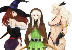 Rule 34 | 3girls, abs, amazon (dragon&#039;s crown), ass, bikini, breasts, cleavage, dragon&#039;s crown, elf (dragon&#039;s crown), hat, hat over one eye, highres, hood, huge breasts, large breasts, madarame, multiple girls, muscular, pointy ears, smile, sorceress (dragon&#039;s crown), swimsuit, vanillaware