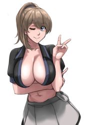 Rule 34 | 1girl, black shirt, blue eyes, breasts, brown hair, cleavage, highres, intrepid (kancolle), kantai collection, large breasts, long hair, looking at viewer, navel, one eye closed, ponytail, shirt, skirt, smile, solo, sozan, v, white skirt