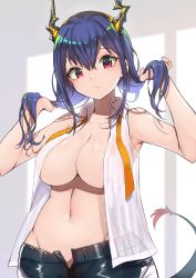 Rule 34 | 1girl, arknights, blue hair, breasts, ch&#039;en (arknights), closed mouth, dragon girl, dragon horns, dragon tail, hair between eyes, hair lift, horns, large breasts, looking at viewer, navel, necktie, no bra, open fly, partially undressed, red eyes, shorts, solo, stomach, tail, undone necktie, upper body, yuzuruka (bougainvillea)