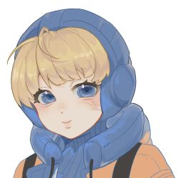 Rule 34 | 1girl, animification, apex legends, blonde hair, blue bodysuit, blue eyes, blue headwear, blush, bodysuit, chencucucucu, chinese commentary, eyebrows hidden by hair, facial scar, highres, hood, hood down, hooded bodysuit, hooded jacket, jacket, looking at viewer, orange jacket, portrait, ribbed sweater, scar, scar on cheek, scar on face, simple background, smile, solo, sweater, wattson (apex legends), white background