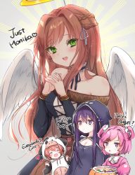 Rule 34 | 4girls, :d, :o, ^ ^, absurdres, alternate costume, angel wings, animal costume, bare shoulders, blush, braid, brown hair, cape, choker, closed eyes, commentary request, cow costume, crown braid, doki doki literature club, english text, fake halo, frilled choker, frills, green eyes, hair between eyes, hair down, hair ornament, hairclip, halloween bucket, halloween costume, halo, heart, highres, hood, hood up, hooded cape, interlocked fingers, long hair, looking at viewer, monika (doki doki literature club), multiple girls, natsuki (doki doki literature club), open mouth, own hands together, pink hair, purple eyes, purple hair, sayori (doki doki literature club), short hair, sidelocks, smile, sunburst, sunburst background, swept bangs, touko 56, two side up, wings, yuri (doki doki literature club)